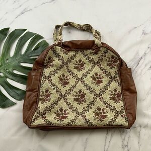Vintage 70s 80s Carpet Bag Travel Tote Bag Brown White Floral Tapestry Vinyl